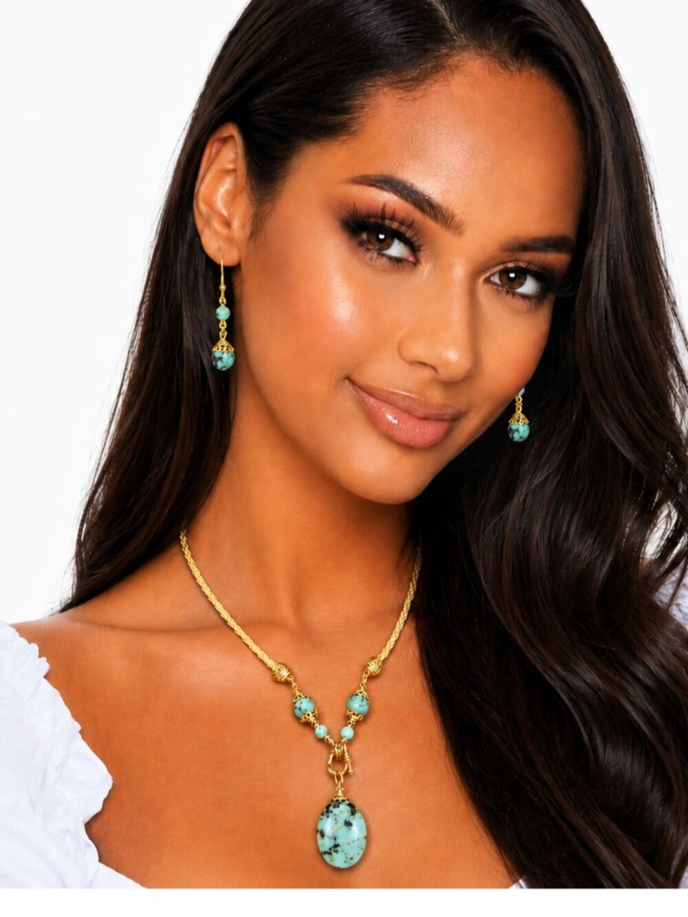 Natural African Turquoise and Leather Necklace and Coordinating Earrings